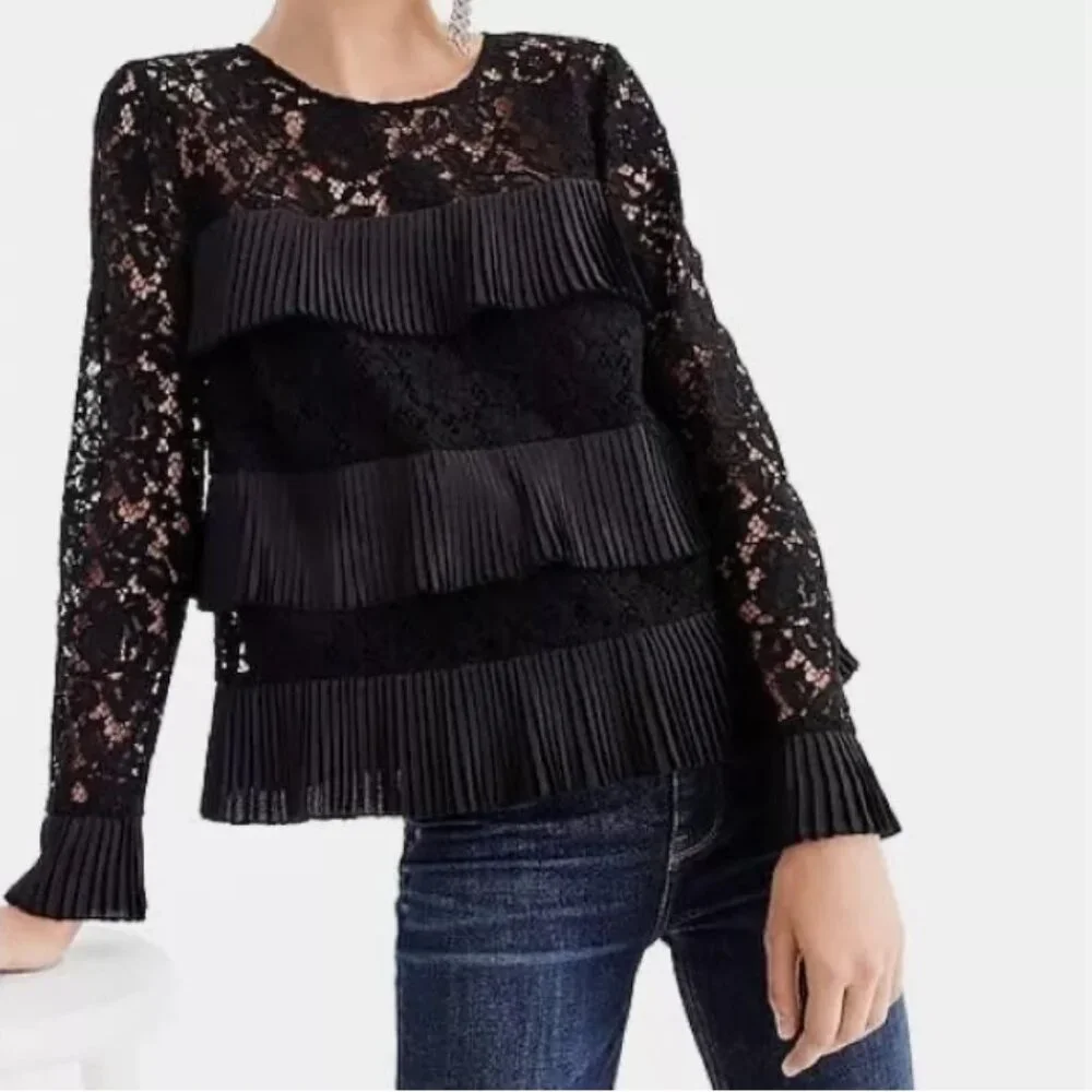 J.Crew Pleated Ruffled Lace Blouse sz 0